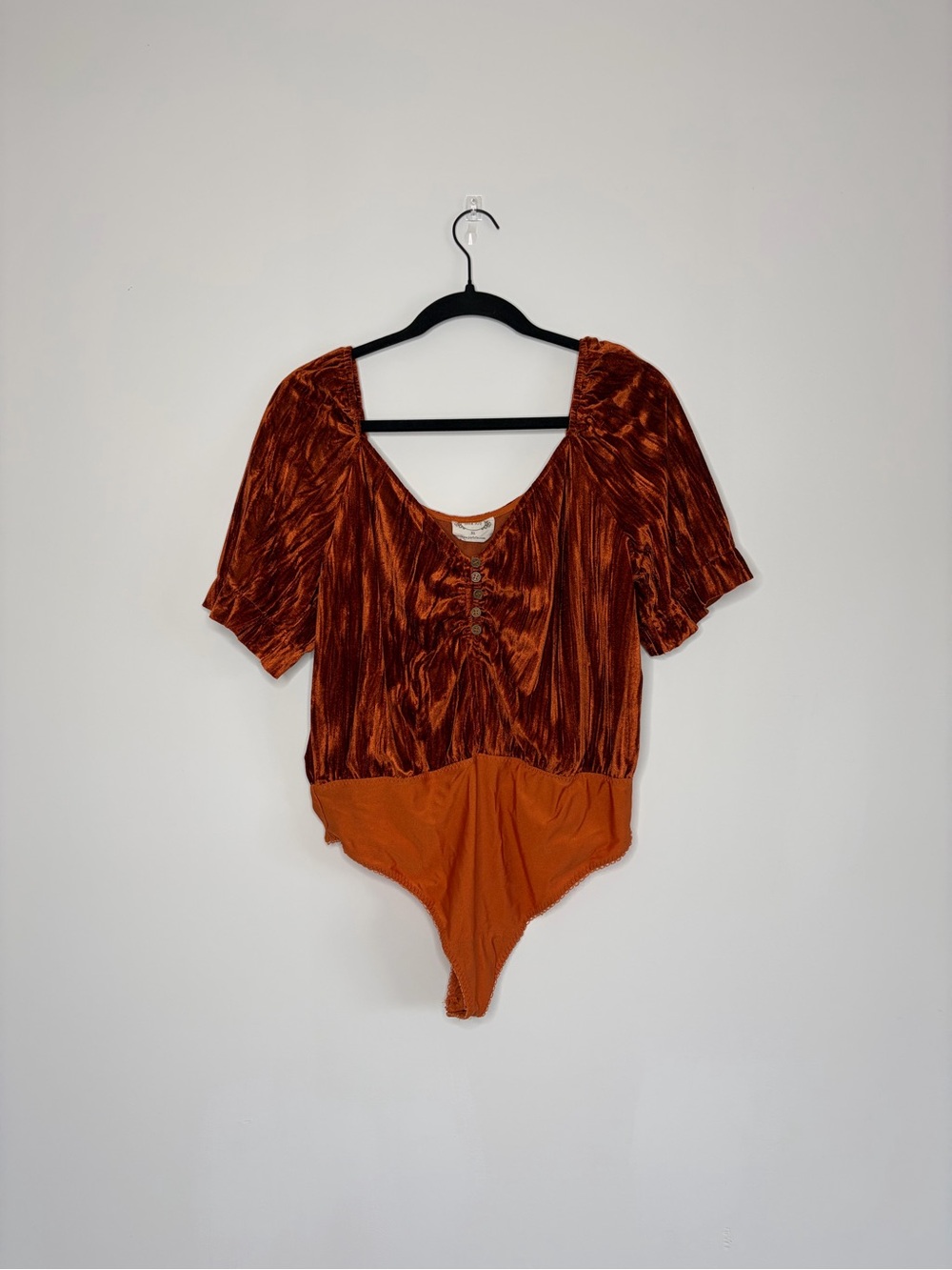 Joyfolie Rust Velvet Button-Front Bodysuit